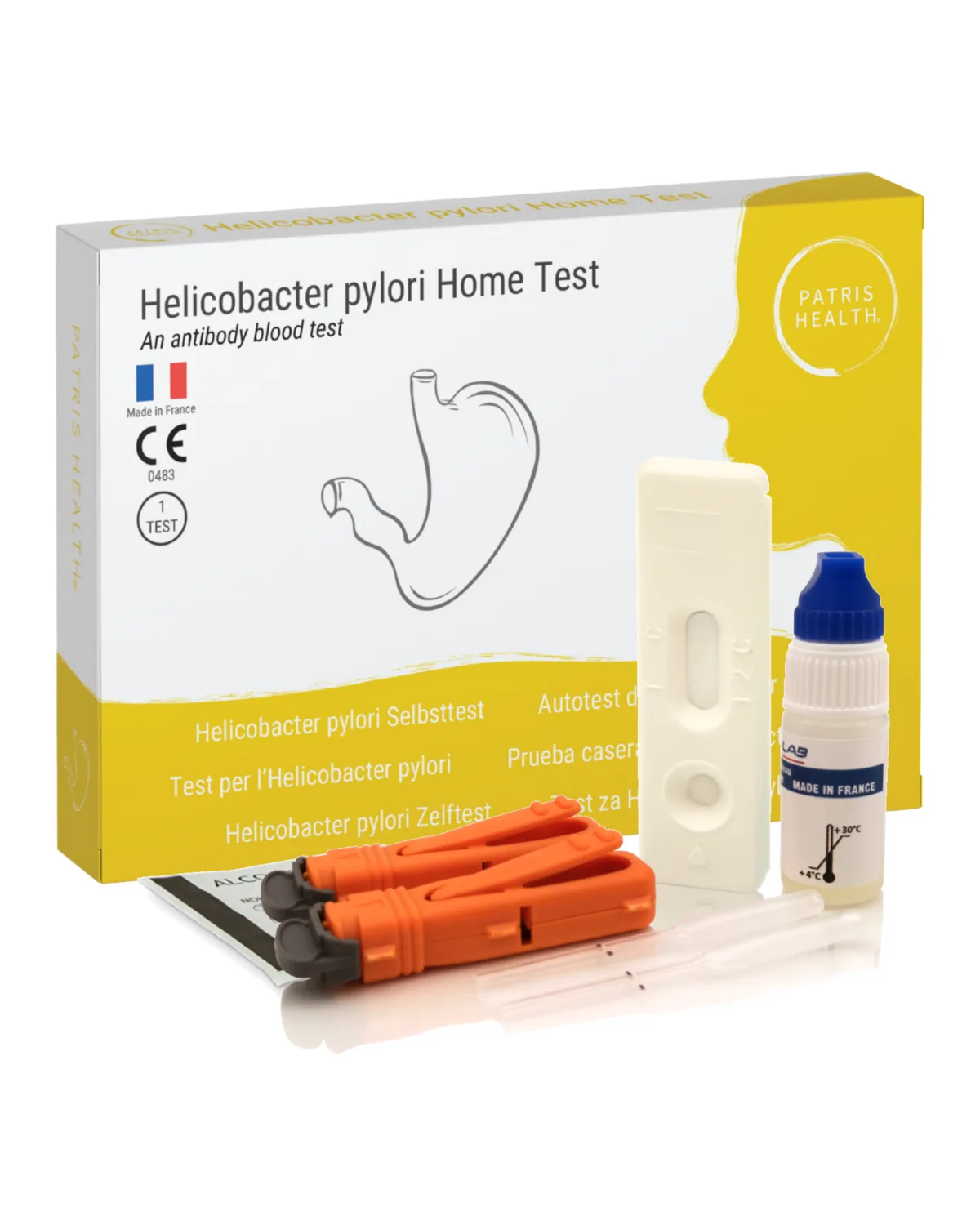 Autotest de H. pylori Patris Health : la boîte et le contenu du kit
