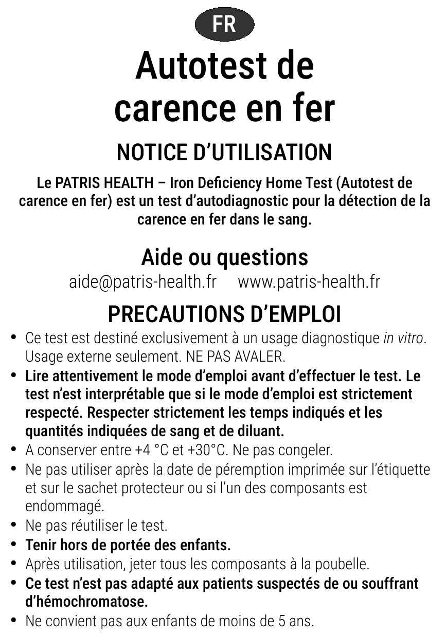 Notice d’utilisation de l’Autotest de carence en fer Patris Health – précautions d’emploi