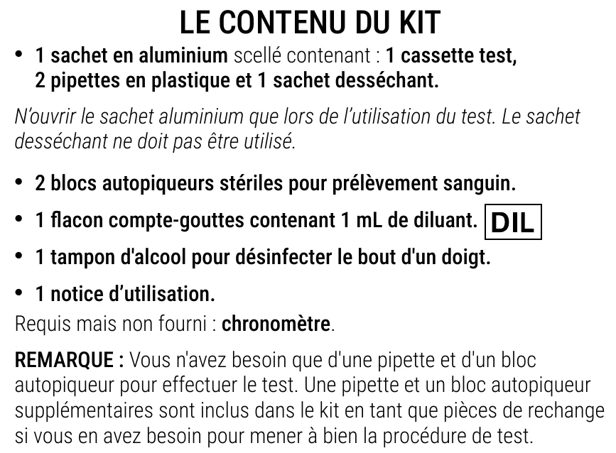 Notice d’utilisation de l’Autotest de carence en fer Patris Health – contenu du kit
