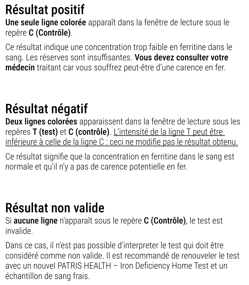 Notice d’utilisation de l’Autotest de carence en fer Patris Health – interprétation des résultats