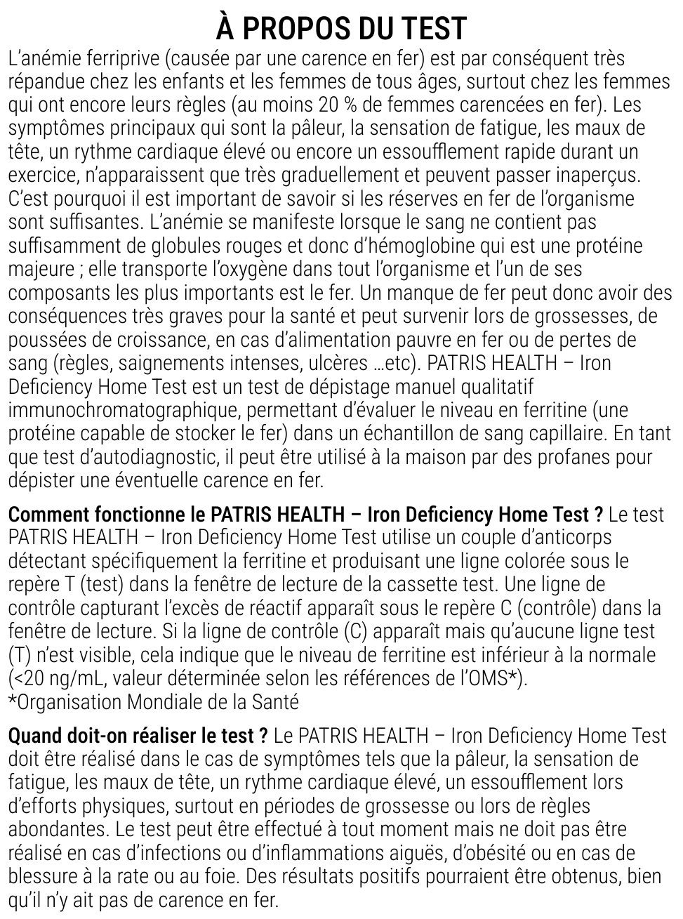 Notice d’utilisation de l’Autotest de carence en fer Patris Health – à propos du test, questions et réponses