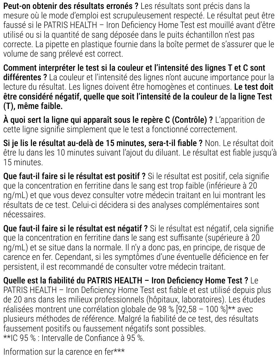 Notice d’utilisation de l’Autotest de carence en fer Patris Health – à propos du test, questions et réponses (partie 2)