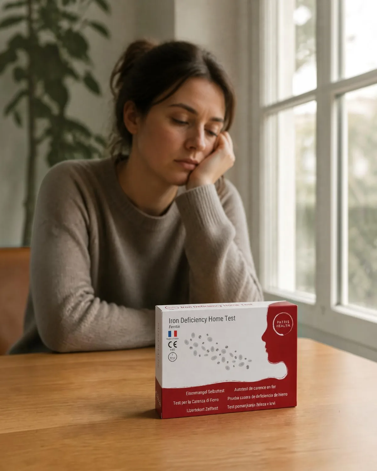 Femme assise à une table, la tête appuyée sur la main, avec l’Autotest de carence en fer Patris Health devant elle