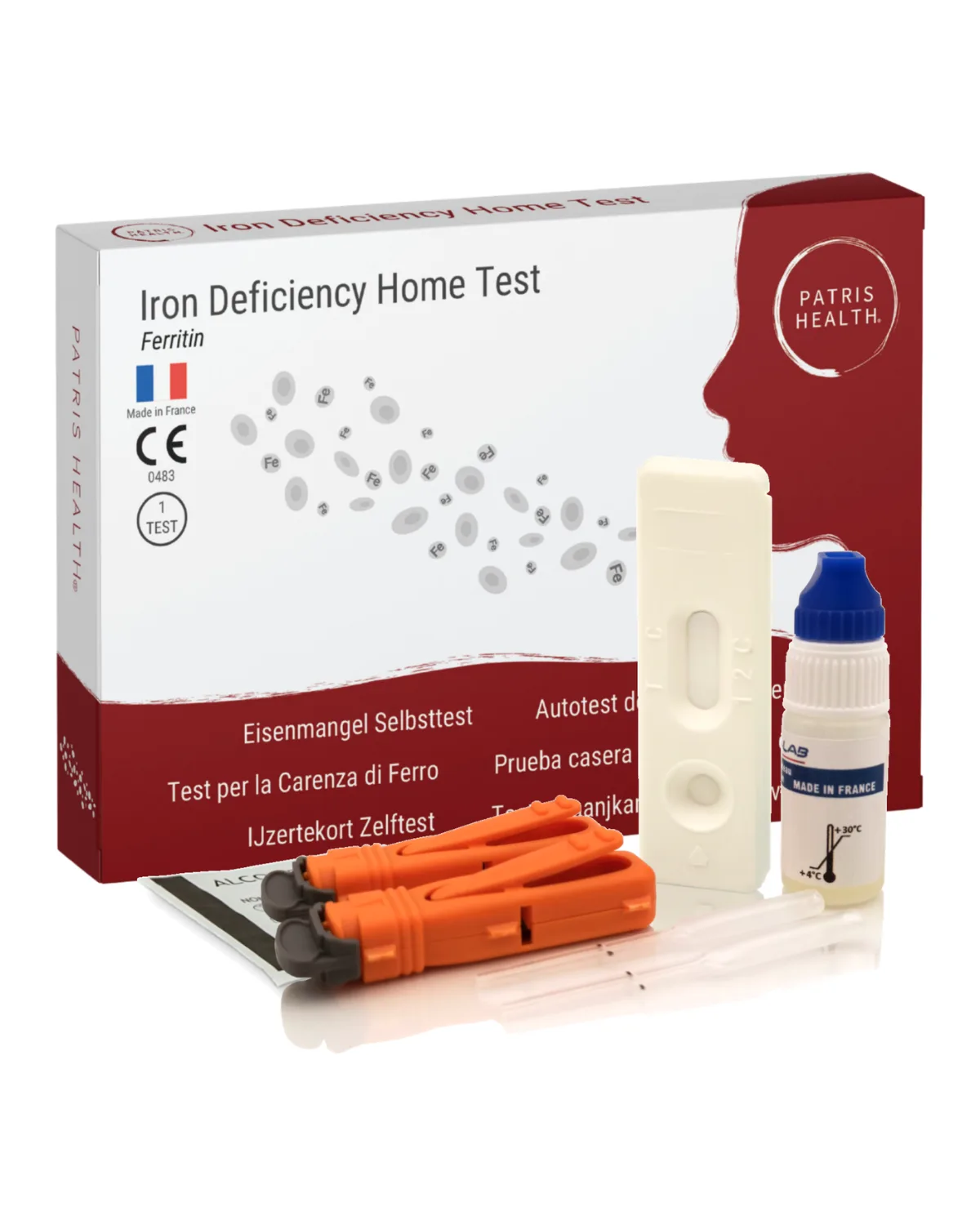 Autotest de carence en fer Patris Health : la boîte et le contenu du kit
