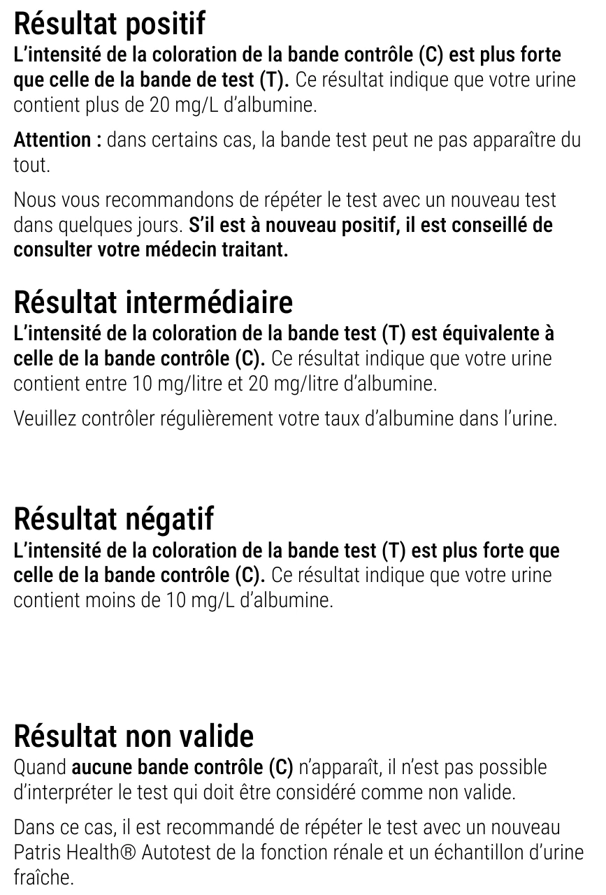 Notice d’utilisation de l’Autotest de la fonction rénale Patris Health – interprétation des résultats