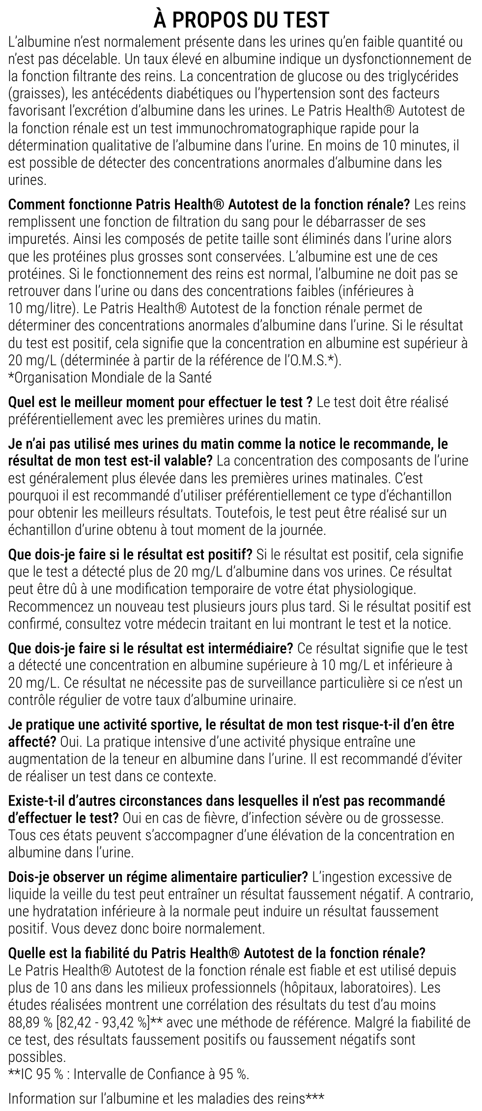 Notice d’utilisation de l’Autotest de la fonction rénale Patris Health – à propos du test, questions et réponses