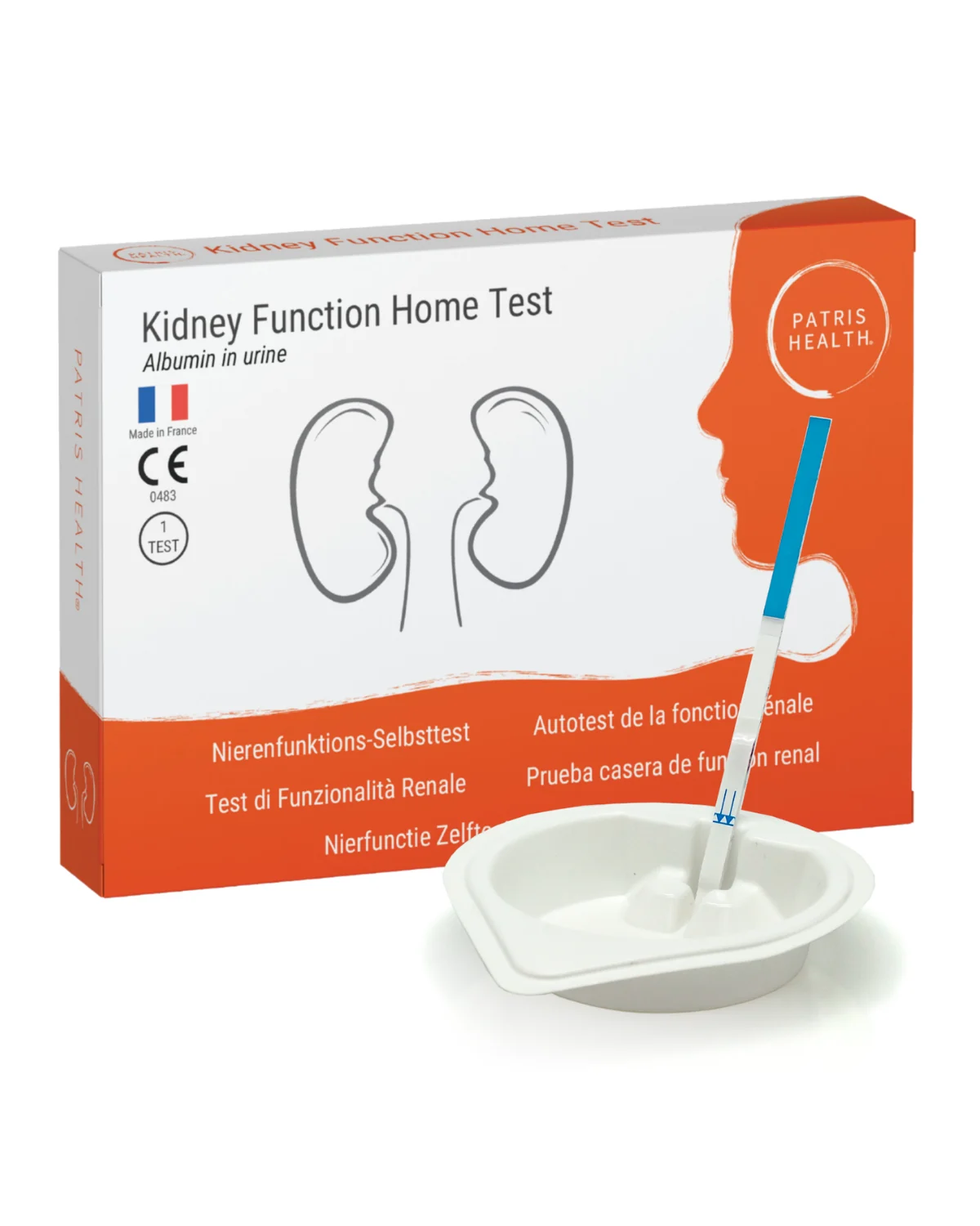 Autotest de la fonction rénale Patris Health : la boîte, la coupelle pour le recueil d’urine et la bandelette