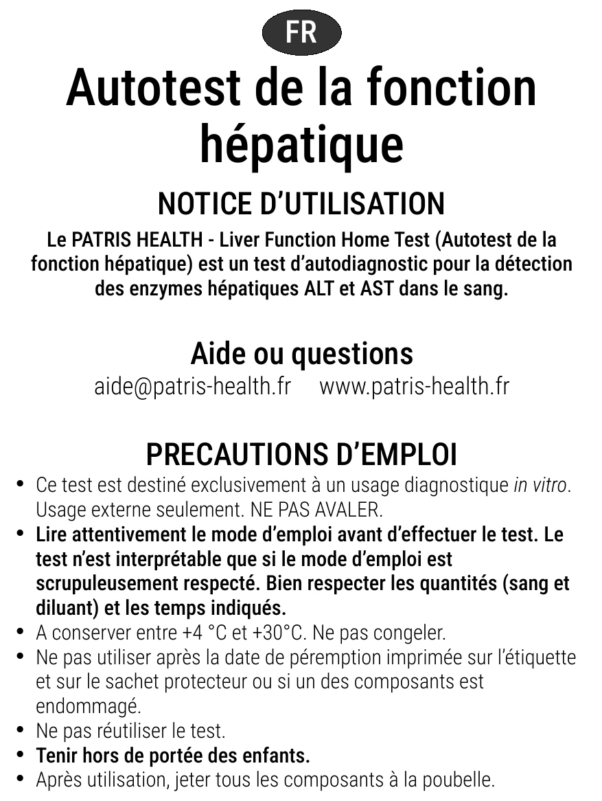 Notice d’utilisation de l’Autotest de la fonction hépatique Patris Health – précautions d’emploi