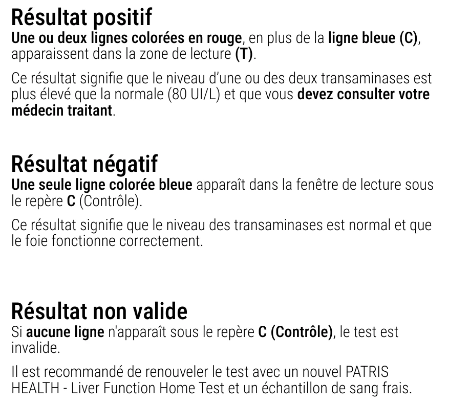 Notice d’utilisation de l’Autotest de la fonction hépatique Patris Health – interprétation des résultats