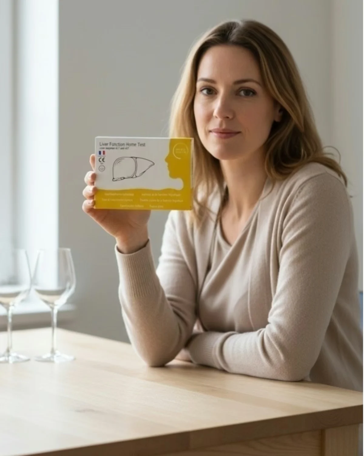 Femme assise à une table tenant l’Autotest de la fonction hépatique Patris Health, deux verres à vin vides à côté d’elle