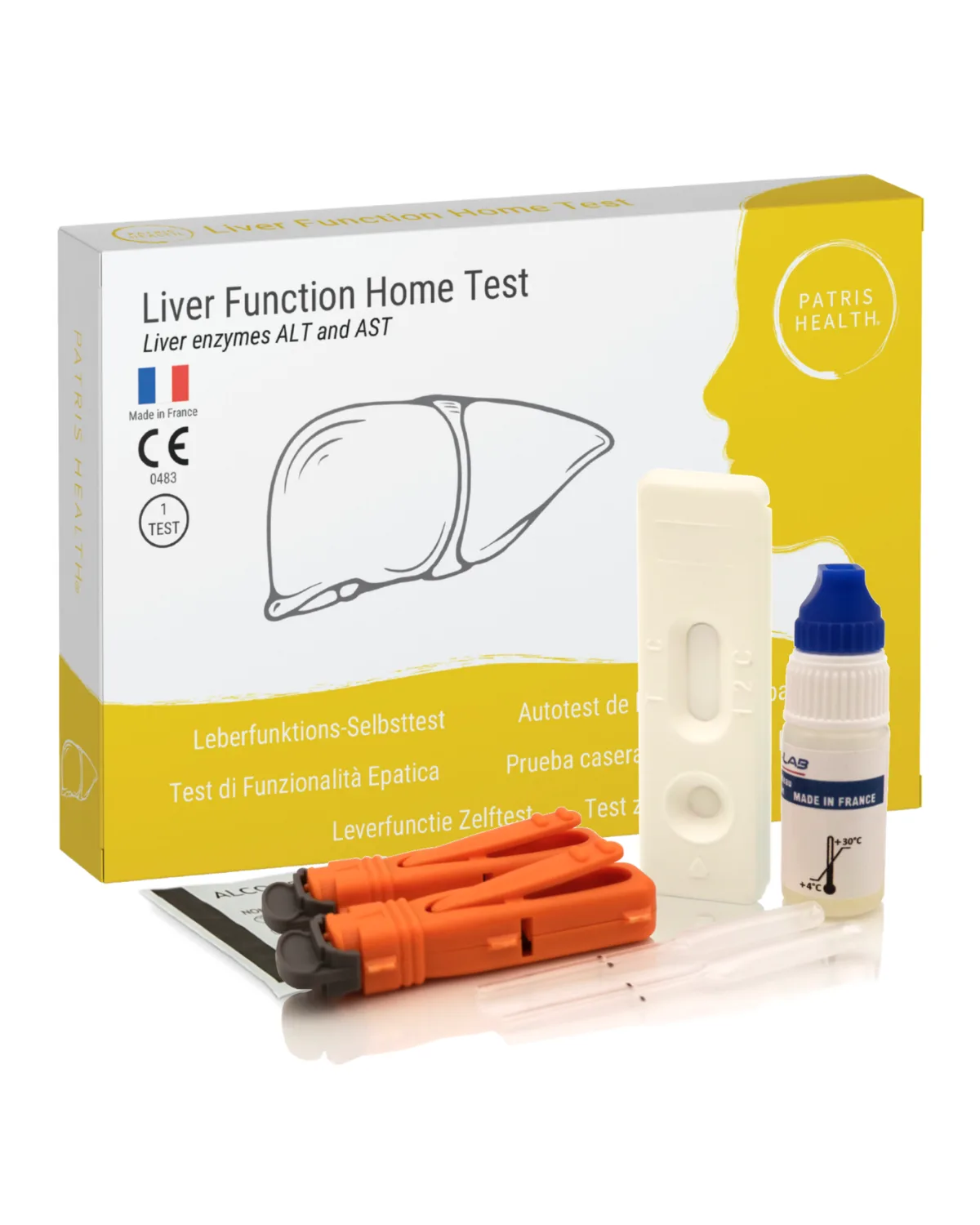 Autotest de la fonction hépatique Patris Health : la boîte et le contenu du kit