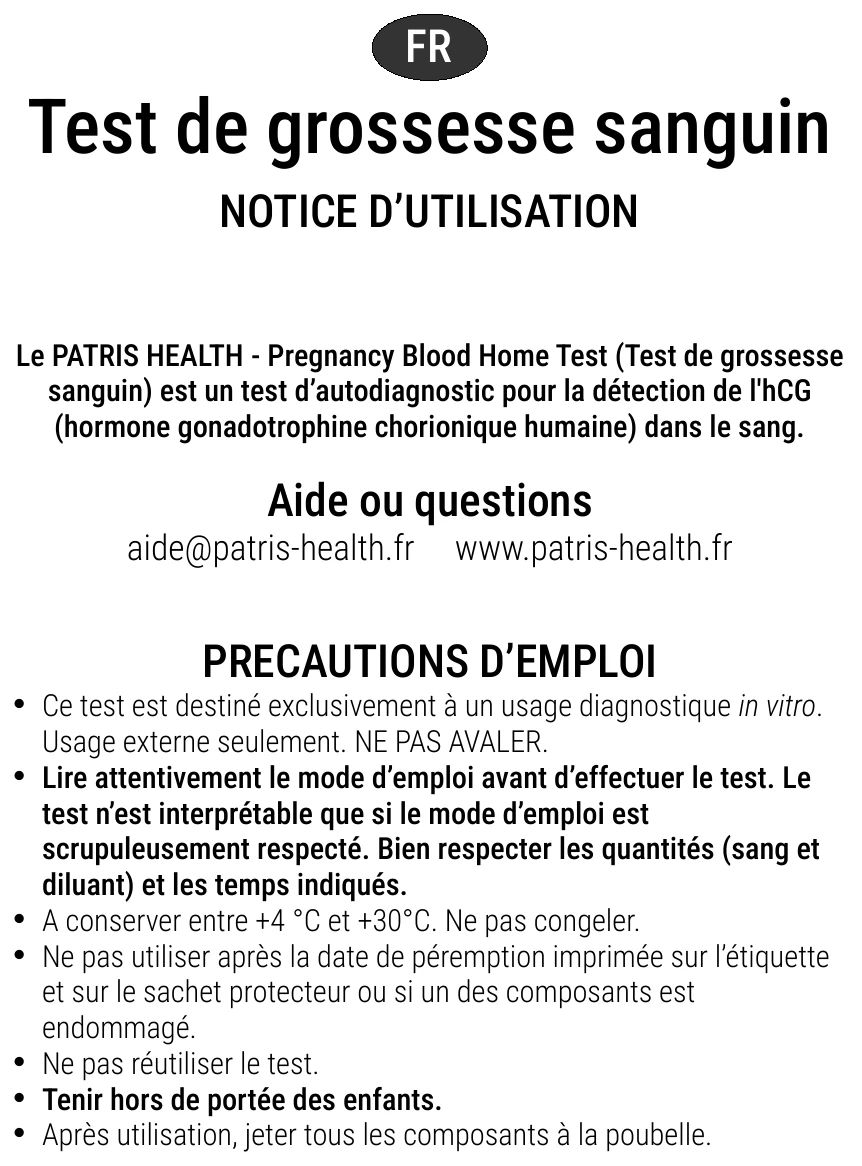 Notice d’utilisation du Test de grossesse sanguin Patris Health – précautions d’emploi