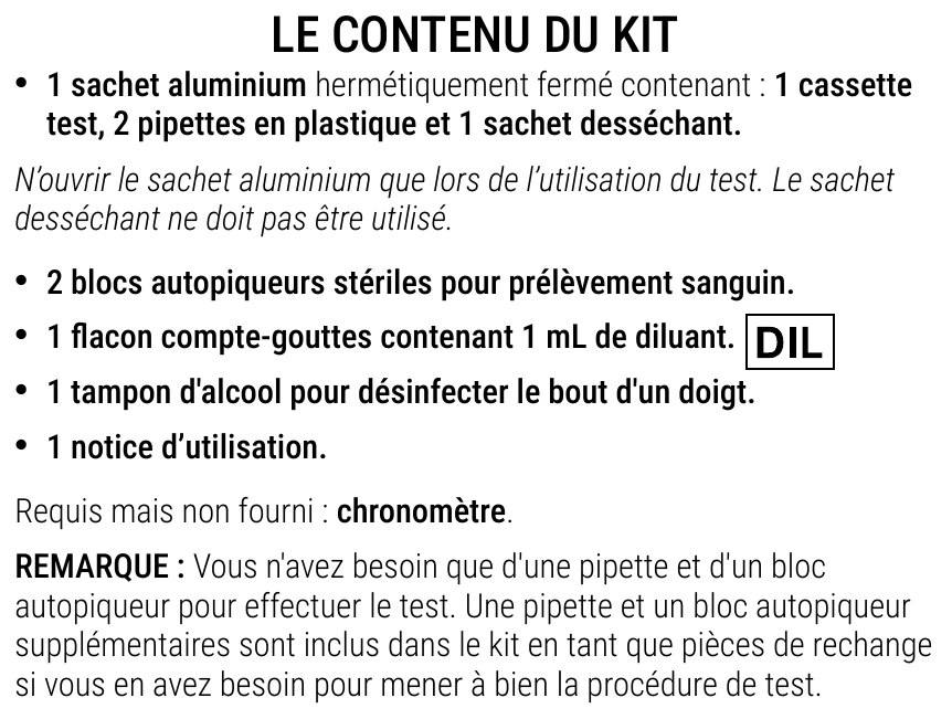 Notice d’utilisation du Test de grossesse sanguin Patris Health – le contenu du kit