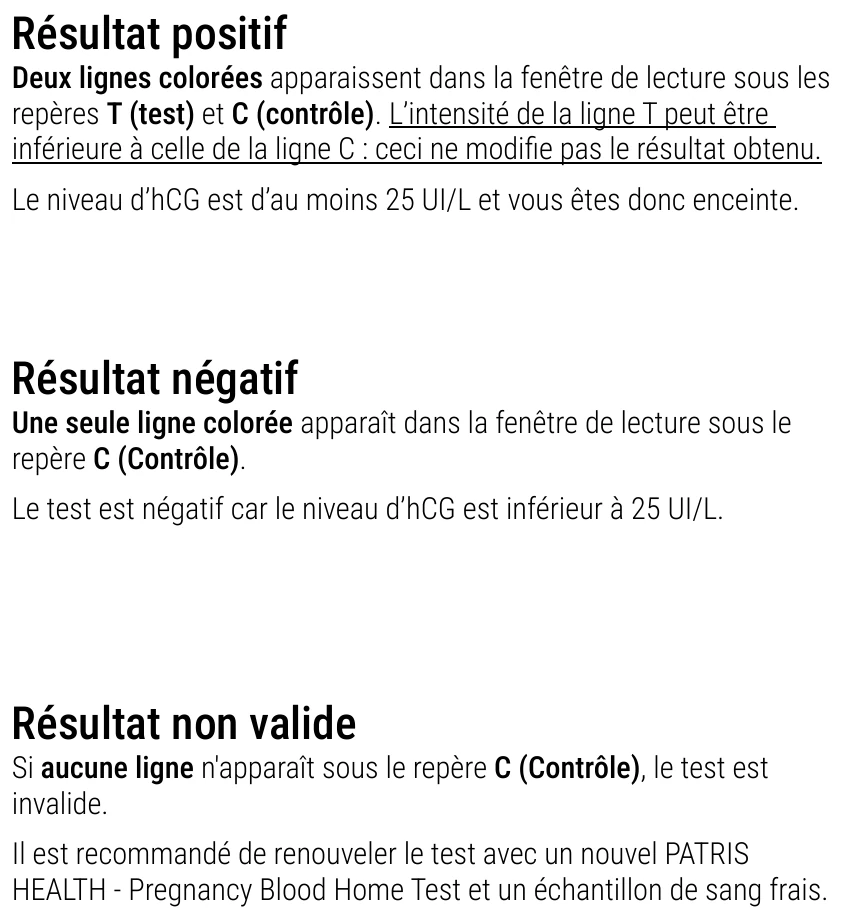 Notice d’utilisation du Test de grossesse sanguin Patris Health – interprétation des résultats