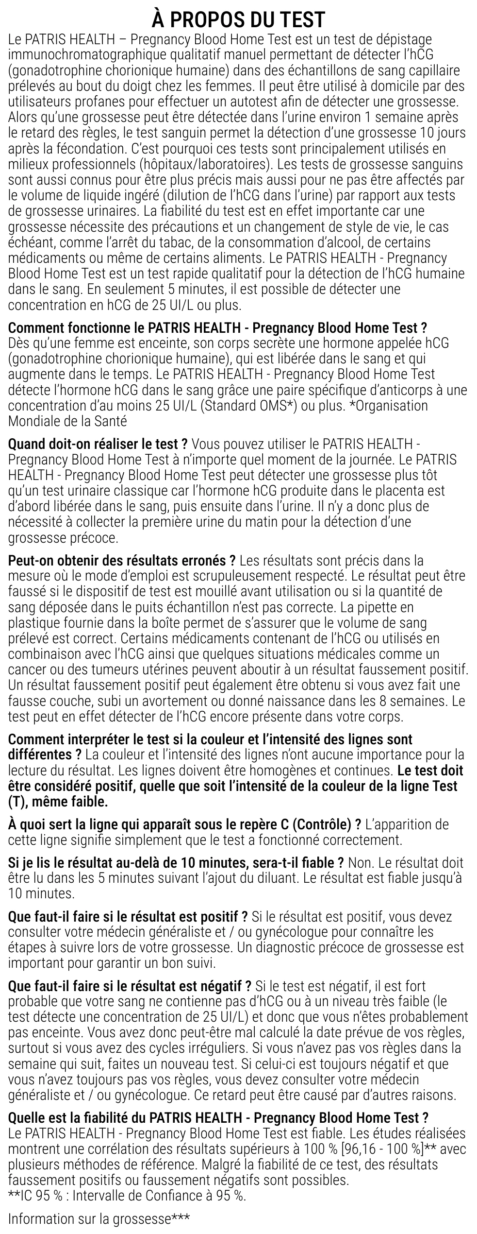 Notice d’utilisation du Test de grossesse sanguin Patris Health – à propos du test, questions et réponses