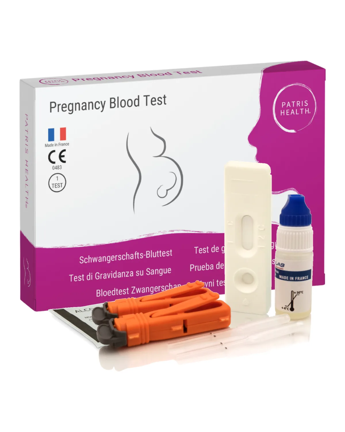 Test de grossesse sanguin Patris Health : la boîte et le contenu du kit