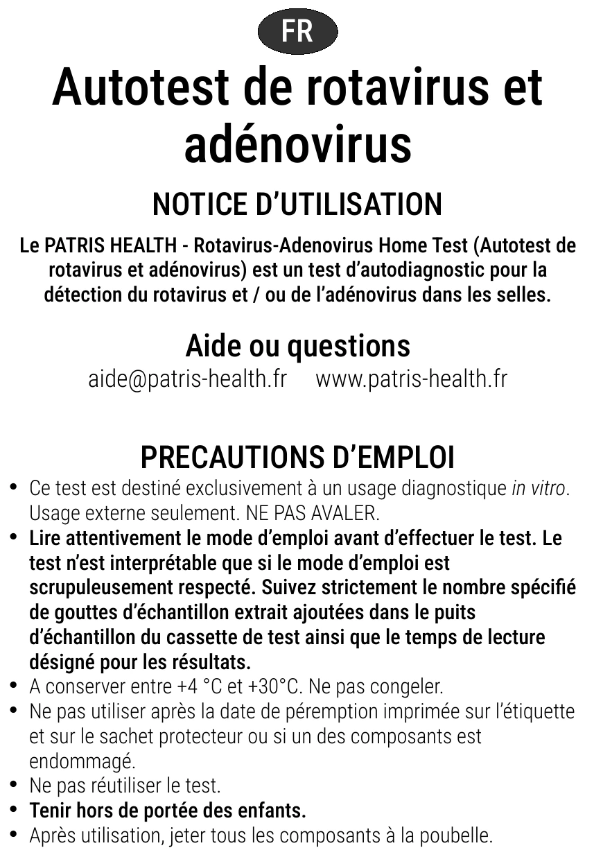 Notice d’utilisation de l’Autotest de rotavirus et adénovirus Patris Health – précautions d’emploi