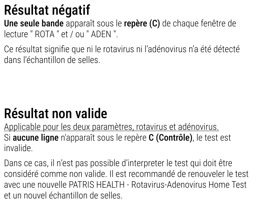 Notice d’utilisation de l’Autotest de rotavirus et adénovirus Patris Health – interprétation des résultats, suite