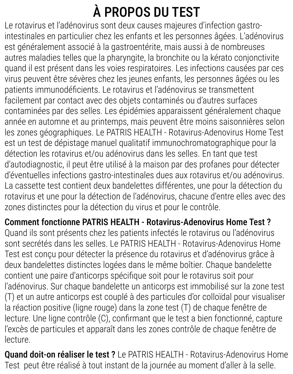 Notice d’utilisation de l’Autotest de rotavirus et adénovirus Patris Health – à propos du test, questions et réponses