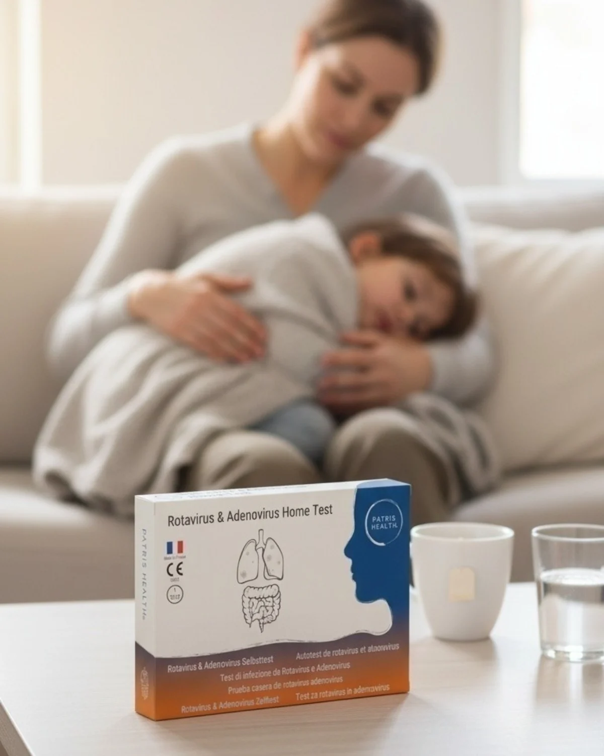 Parent tenant contre lui un enfant qui se repose sur un canapé, la boîte de l’Autotest de rotavirus et adénovirus Patris Health posée sur la table devant eux