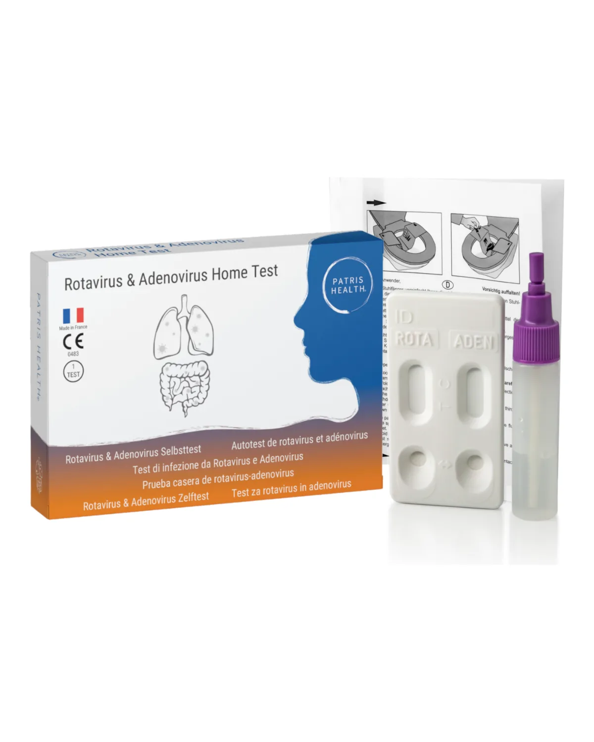 Autotest de rotavirus et adénovirus Patris Health : la boîte et le contenu du kit