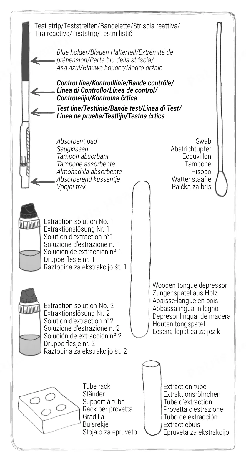 Notice d’utilisation de l’Autotest pour l’angine Streptocoque A Patris Health – les éléments du kit