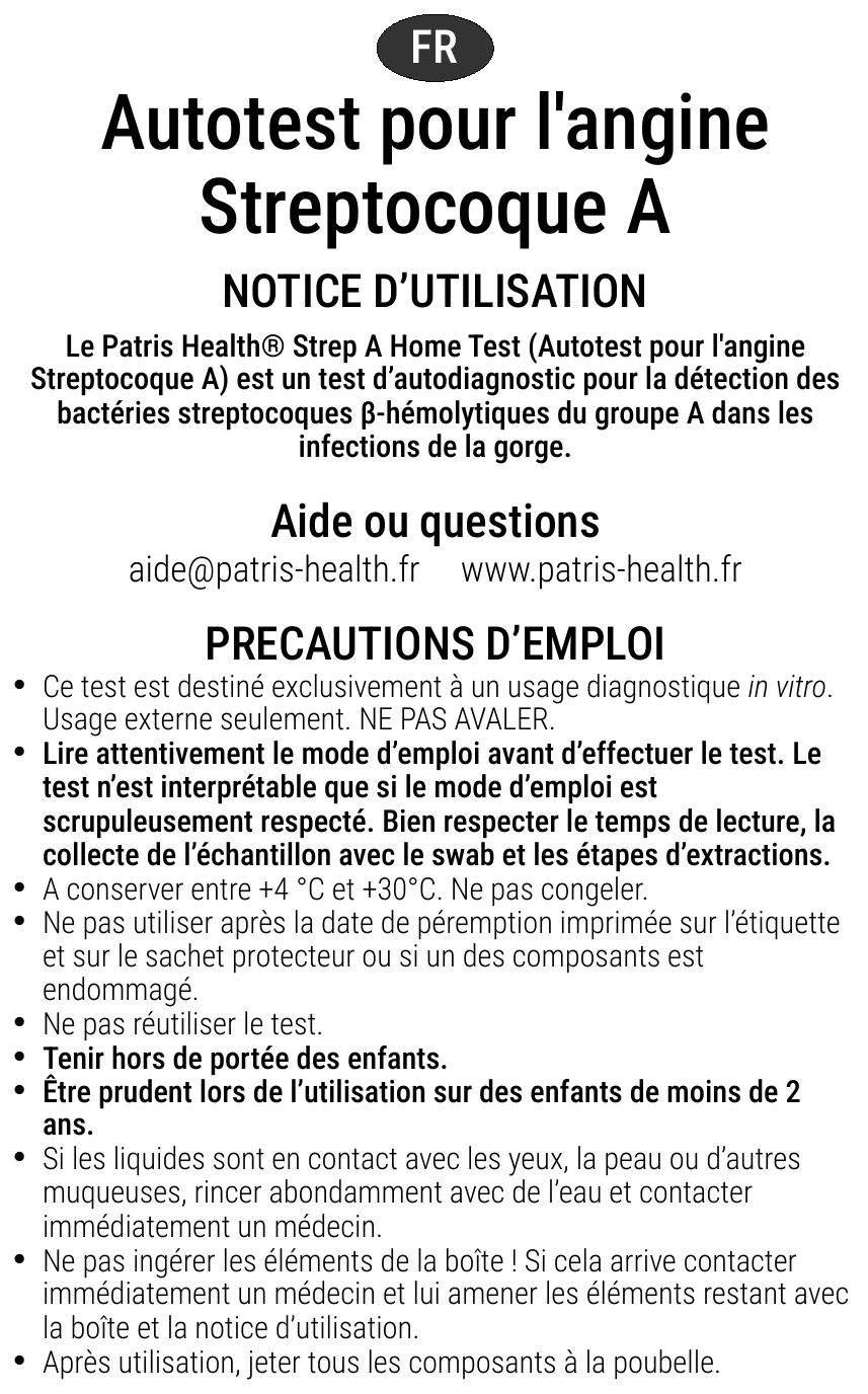 Notice d’utilisation de l’Autotest pour l’angine Streptocoque A Patris Health – précautions d’emploi