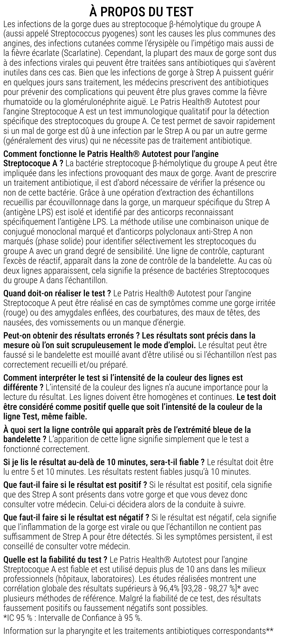 Notice d’utilisation de l’Autotest pour l’angine Streptocoque A Patris Health – à propos du test, questions et réponses