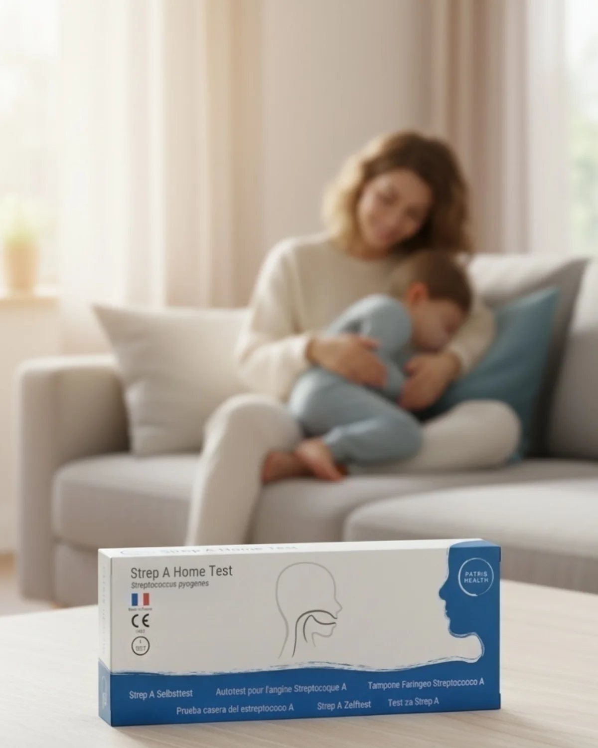 Boîte de l’Autotest pour l’angine Streptocoque A Patris Health sur une table, un parent tenant un enfant sur le canapé à l’arrière-plan