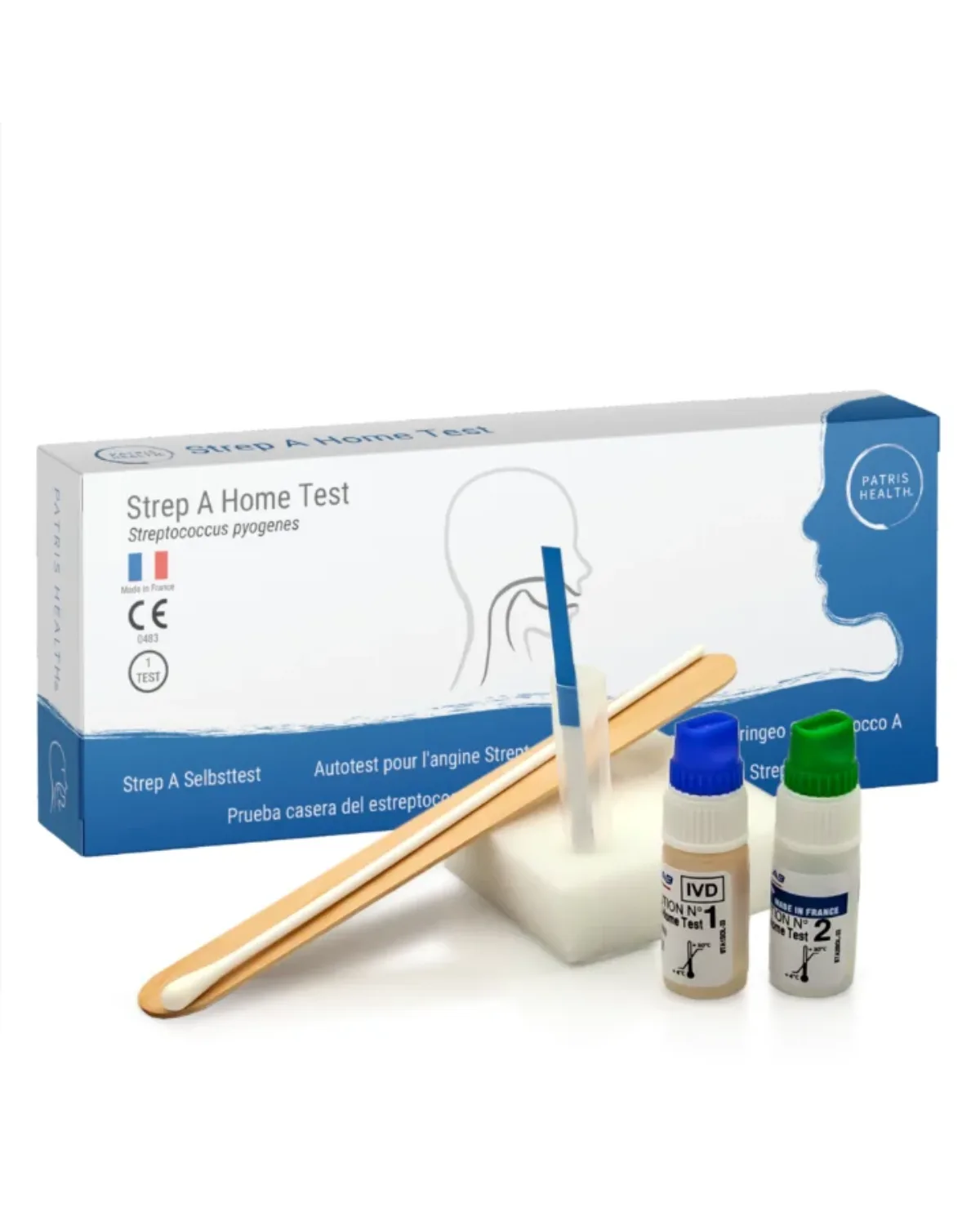 Autotest pour l’angine Streptocoque A Patris Health : la boîte et le contenu du kit