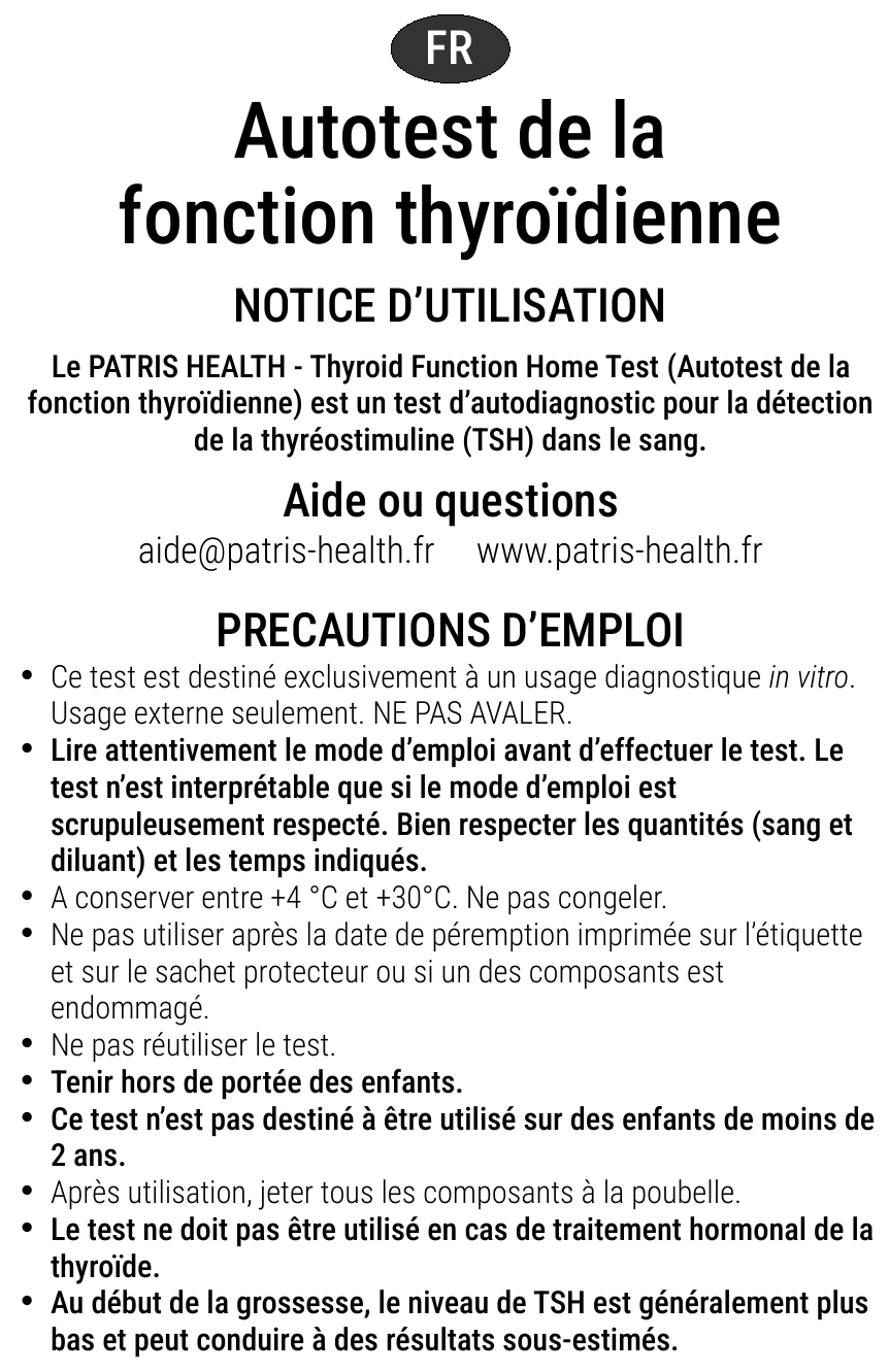 Notice d’utilisation de l’Autotest de la fonction thyroïdienne Patris Health – précautions d’emploi