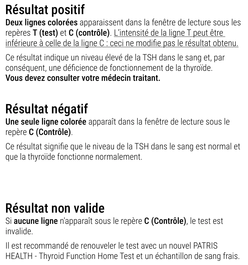 Notice d’utilisation de l’Autotest de la fonction thyroïdienne Patris Health – interprétation des résultats