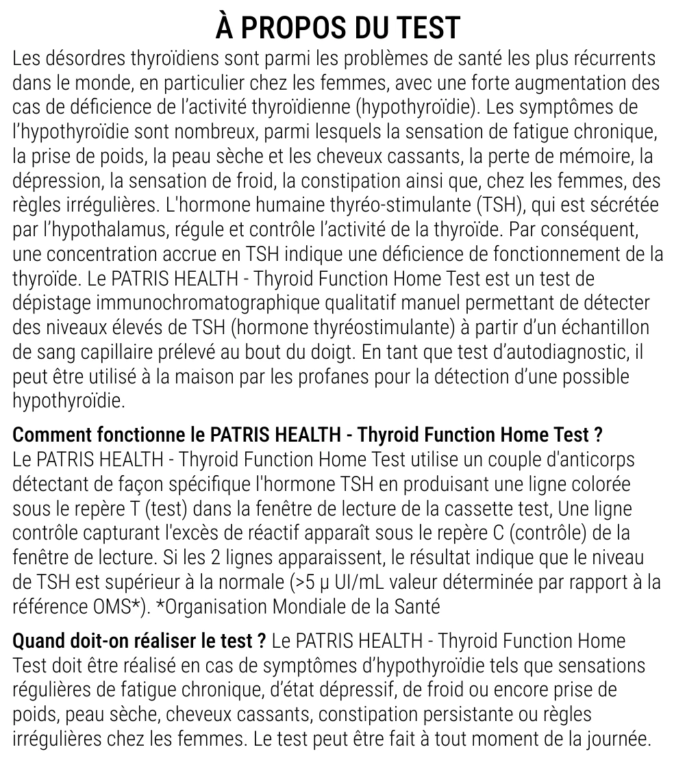 Notice d’utilisation de l’Autotest de la fonction thyroïdienne Patris Health – à propos du test, questions et réponses