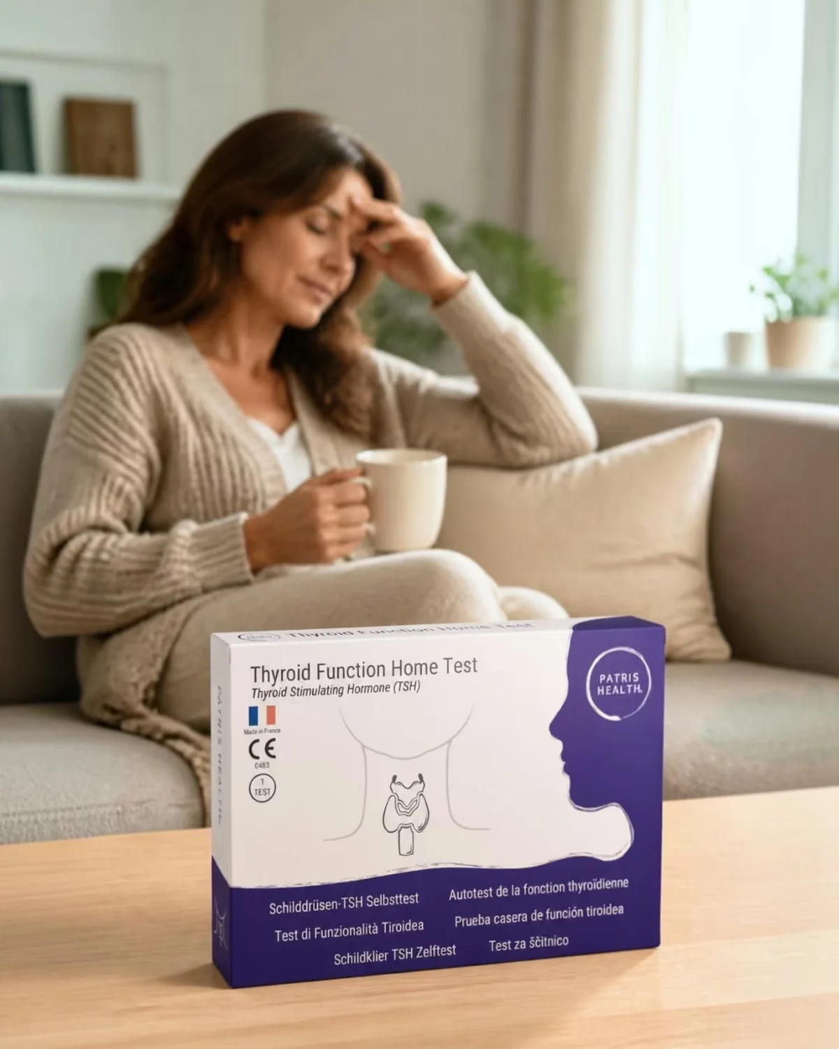 Femme se reposant sur un canapé, avec l’Autotest de la fonction thyroïdienne Patris Health sur la table