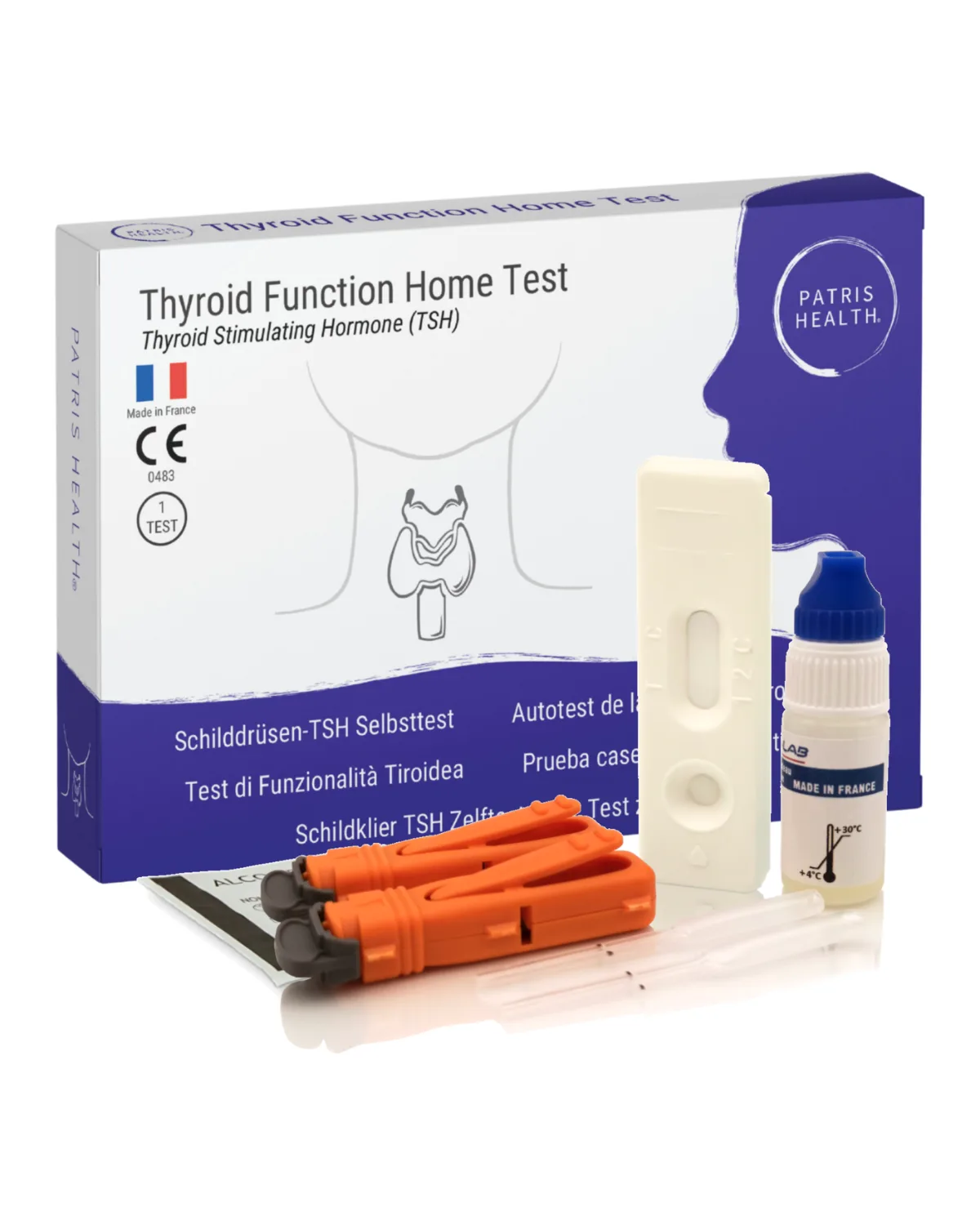Autotest de la fonction thyroïdienne Patris Health : la boîte et le contenu du kit
